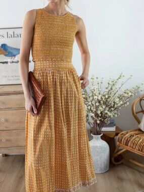 NWT Marea Charlotte Maxi Skirt Yellow Marigold Floral Pockets Cotton Boho XL